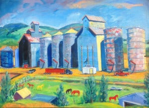Painting: Grain elevators and trucks in Palouse Spring with horses (Joel, Idaho)