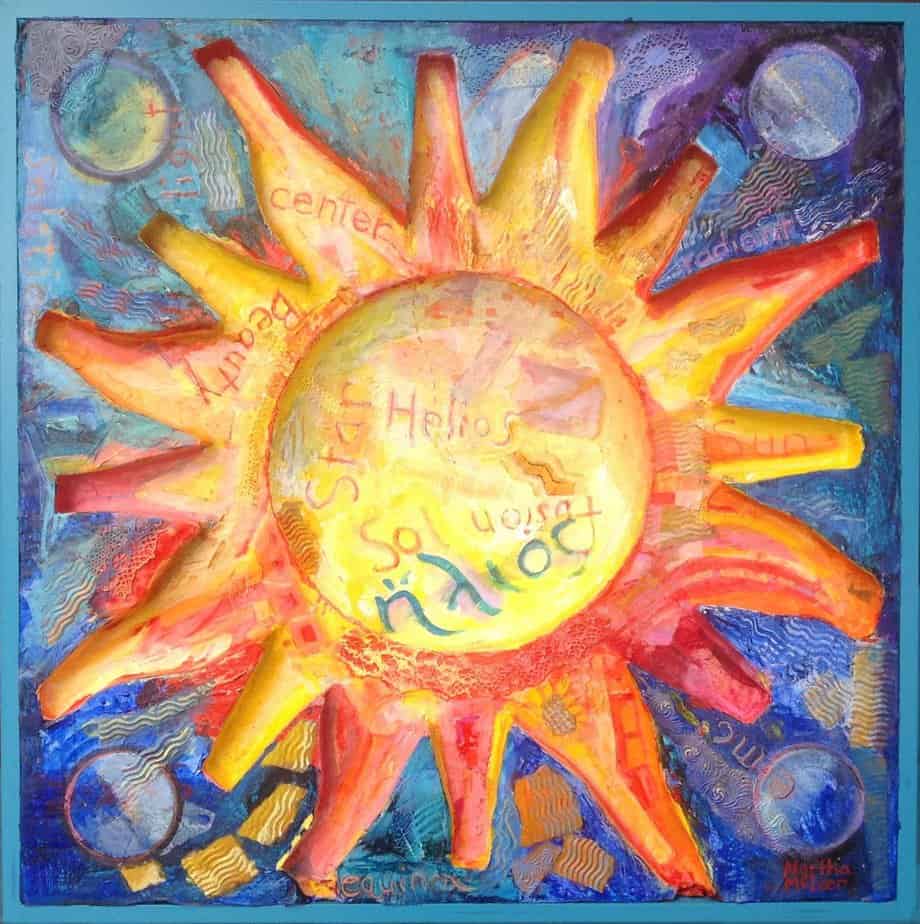 Mixed media: Sun with words (Star, center, Beauty, Helios, Sol, fusion, E=mc2)