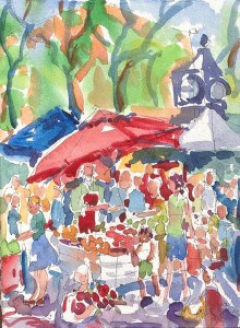 Watercolor: Fruit stand at farmer's market with umbrellas and clock