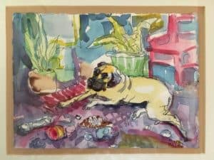 Watercolor: Dog in Living Room with Plants