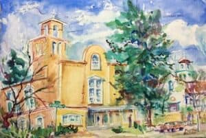 watercolor painting of stucco church with trees